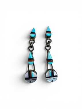 Vintage Sterling Silver Zuni Inlayed Stone Dangle Post Earrings 1.75”